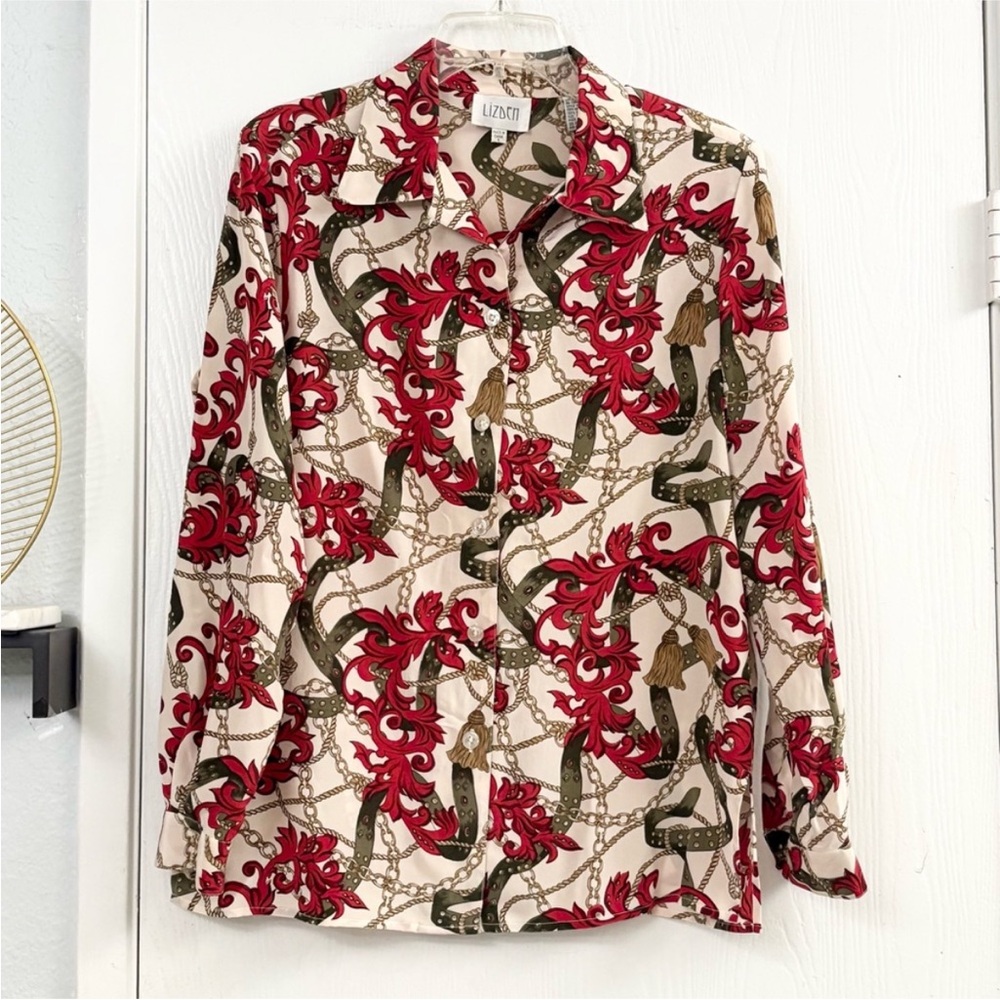 Lizden Baroque Silk Cream Blouse with Red & Olive Chain Print Blouse Size S